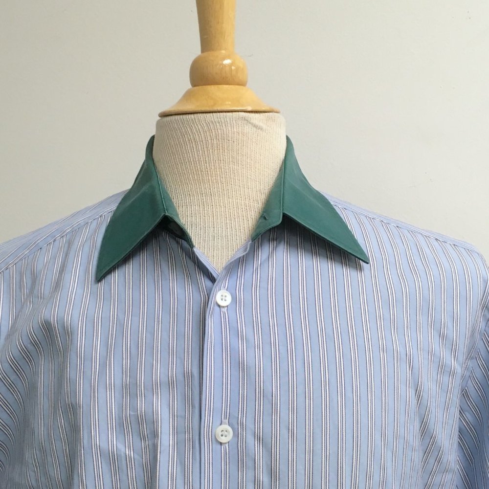 Prada blue stripe contrast green collar and cuffs cotton shirt 16 i41 Vintage